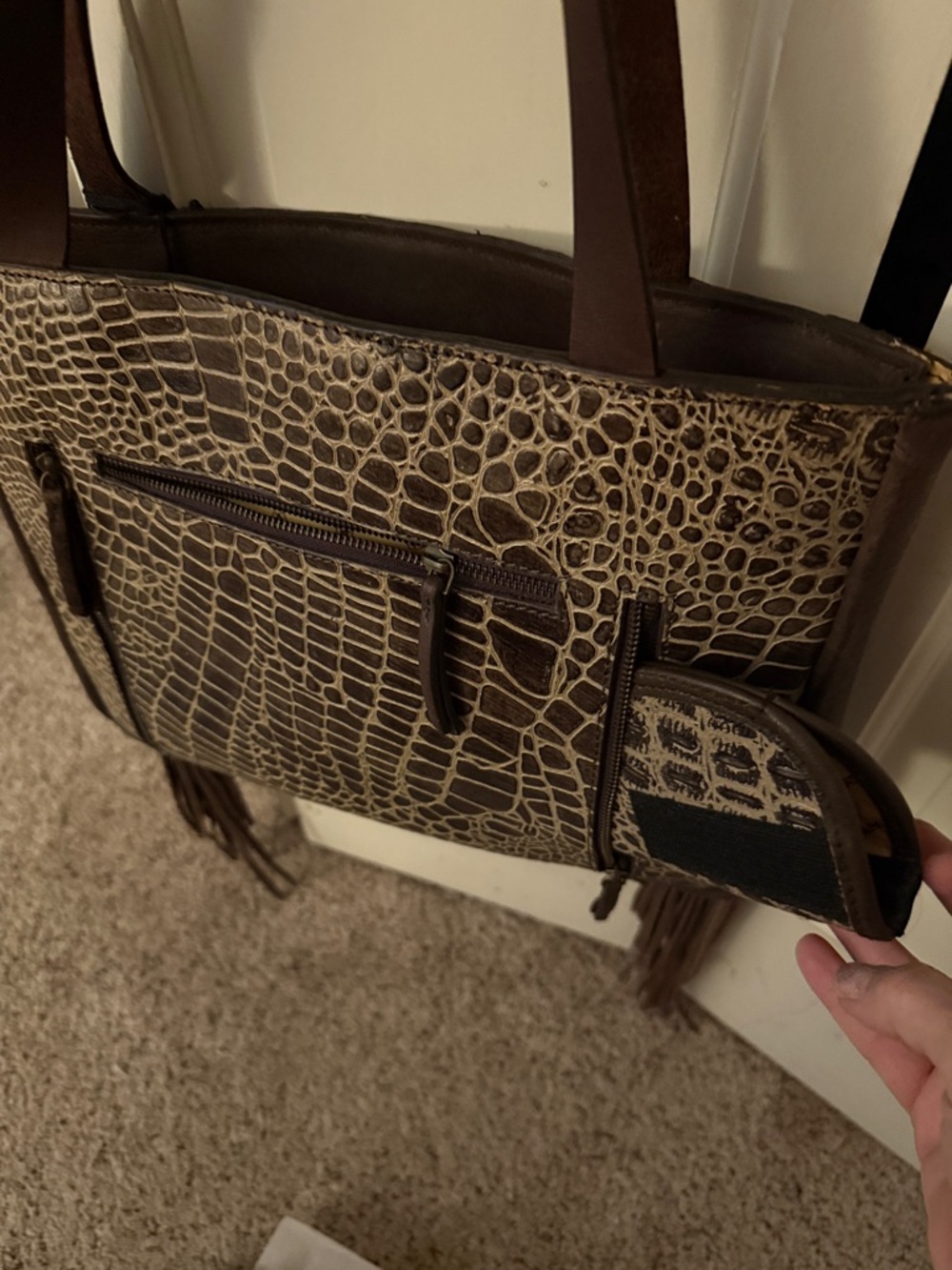 Ariat Brown Fringe Western Tote with Cowhide Accent - Picture 5 of 6